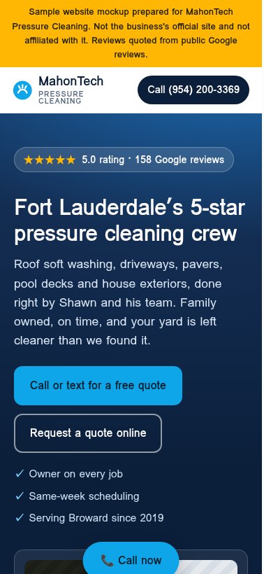 Phone view of a sample concept website for a local pressure-cleaning company